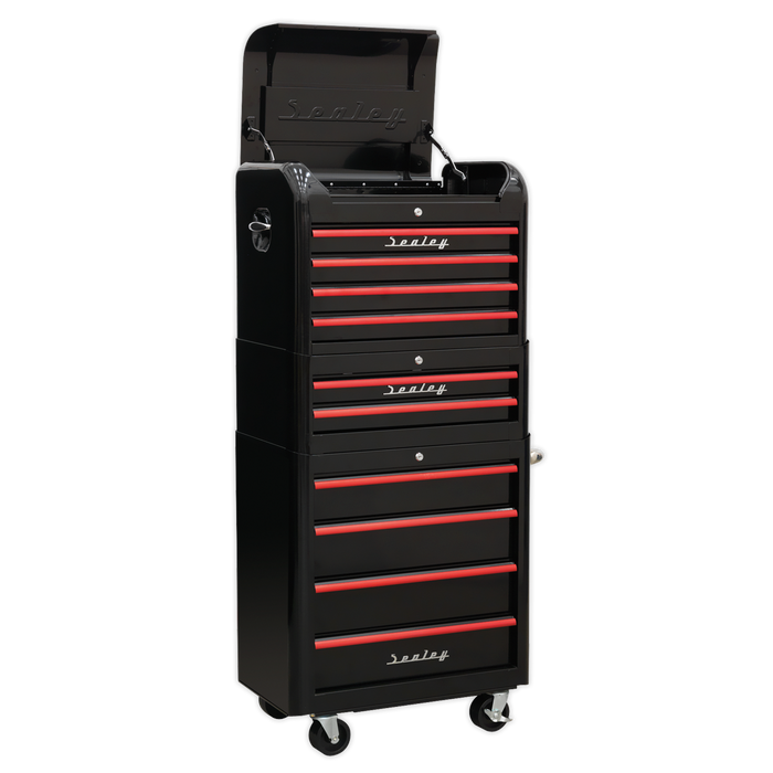 Premier™ Retro Style Topchest, Mid-Box Tool Chest & Rollcab Combination 10 Drawer - Black with Red Anodised Drawer Pulls | AP28COMBO2BR