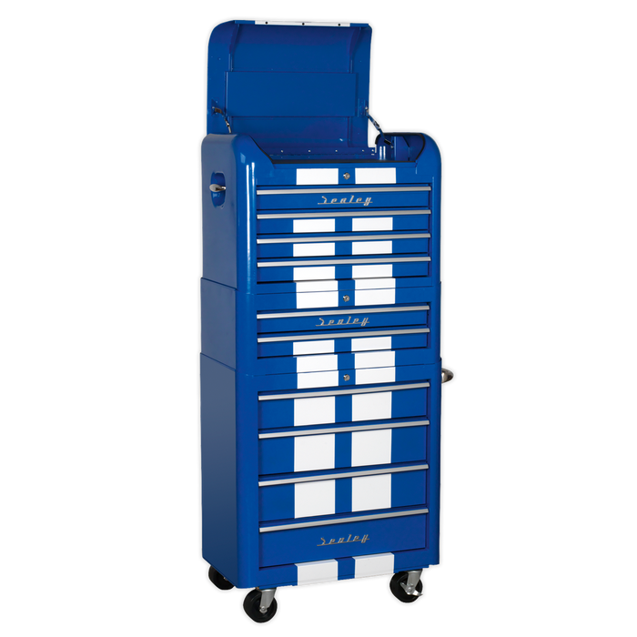 Premier™ Retro Style Topchest, Mid-Box Tool Chest & Rollcab Combination 10 Drawer - Blue with White Stripes | AP28COMBO2BWS