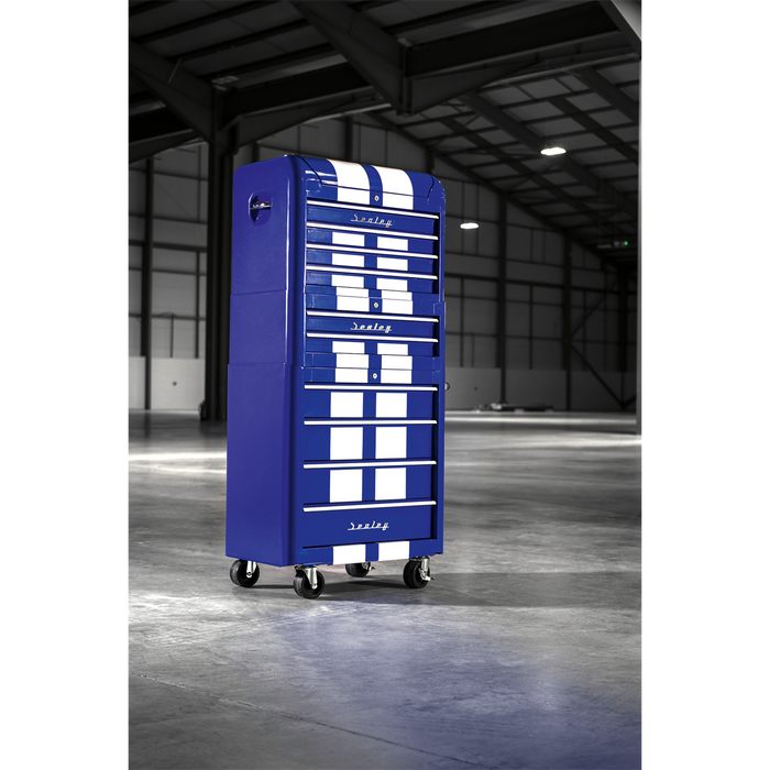 Premier™ Retro Style Topchest, Mid-Box Tool Chest & Rollcab Combination 10 Drawer - Blue with White Stripes | AP28COMBO2BWS