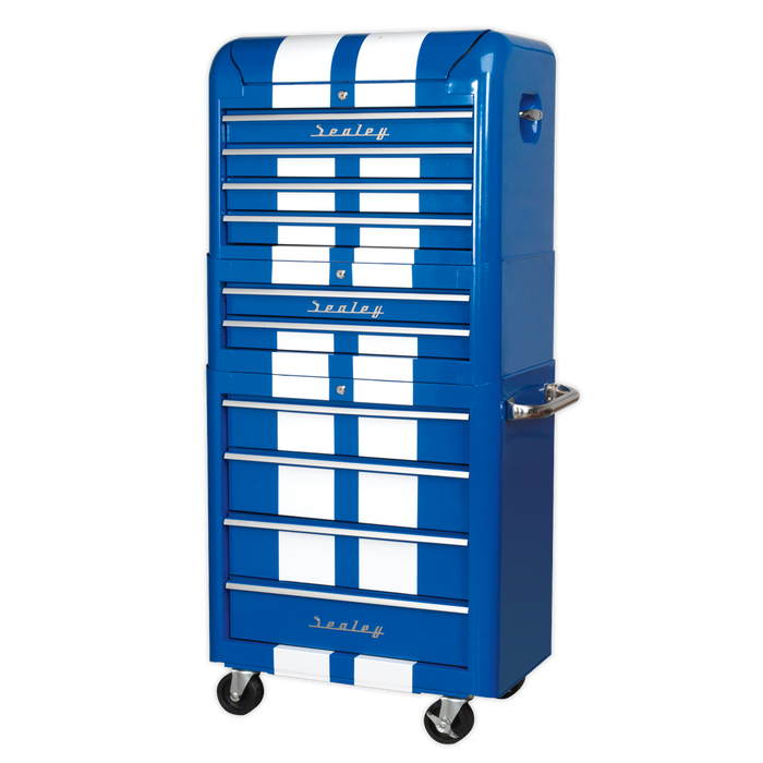 Premier™ Retro Style Topchest, Mid-Box Tool Chest & Rollcab Combination 10 Drawer - Blue with White Stripes | AP28COMBO2BWS