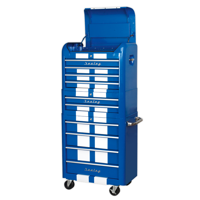 Premier™ Retro Style Topchest, Mid-Box Tool Chest & Rollcab Combination 10 Drawer - Blue with White Stripes | AP28COMBO2BWS