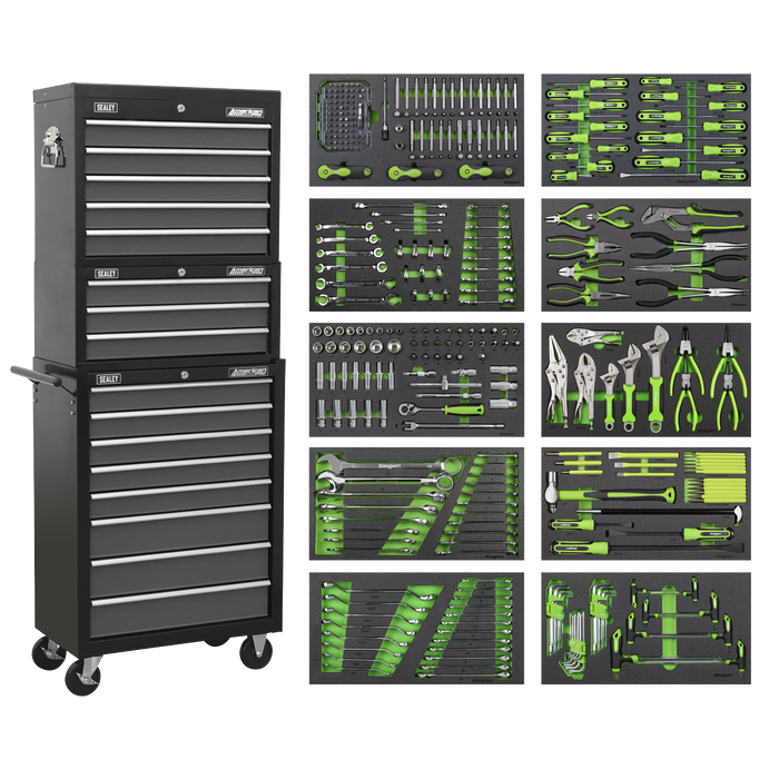 Tool Chest Combination 16 Drawer with Ball-Bearing Slides - Black/Grey & 398pc Tool Kit | AP35TBCOMBO