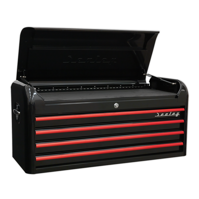 Premier™ Retro Style Wide Topchest 4 Drawer - Black with Red Anodised Drawer Pulls | AP41104BR