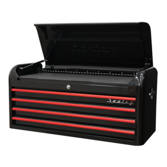 Premier™ Retro Style Wide Topchest 4 Drawer - Black with Red Anodised Drawer Pulls | AP41104BR