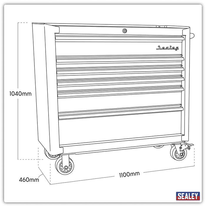 Premier™ Retro Style Wide Rollcab 6 Drawer - Black with Red Anodised Drawer Pulls | AP41206BR