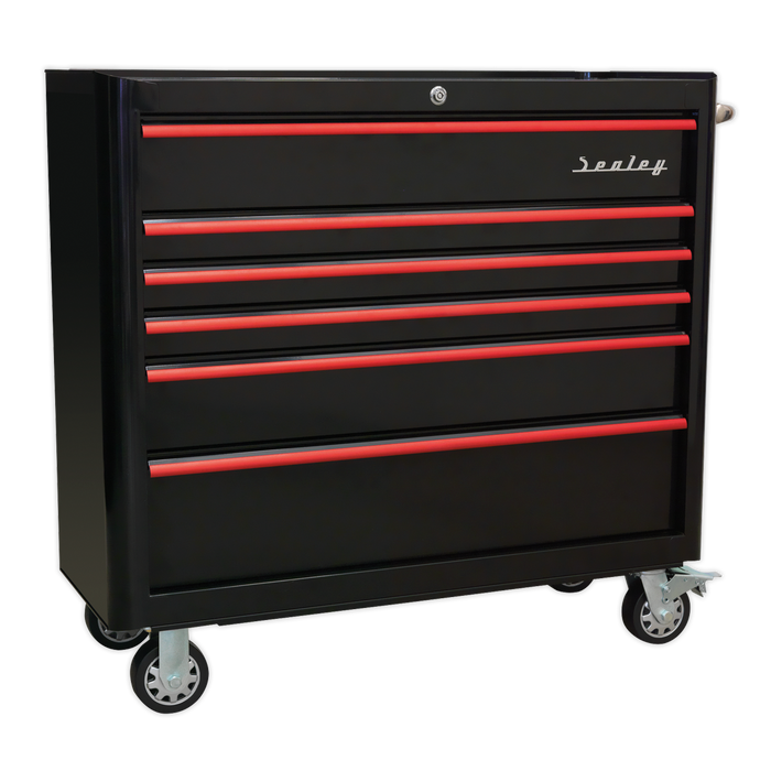 Premier™ Retro Style Wide Topchest & Rollcab Combination 10 Drawer - Black with Red Anodised Drawer Pulls | AP41COMBOBR