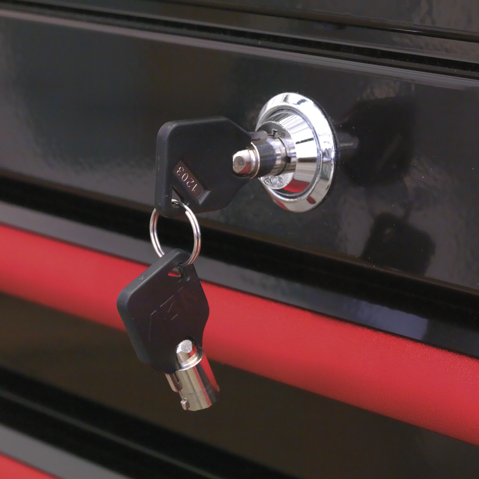 Premier™ Retro Style Wide Rollcab 6 Drawer - Black with Red Anodised Drawer Pulls | AP41206BR