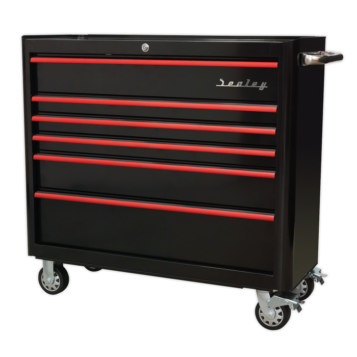 Premier™ Retro Style Wide Rollcab 6 Drawer - Black with Red Anodised Drawer Pulls | AP41206BR