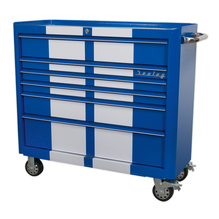 Premier™ Retro Style Wide Rollcab 6 Drawer - Blue with White Stripes | AP41206BWS