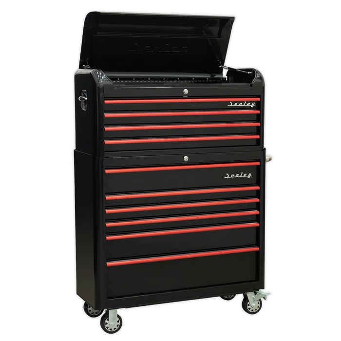 Premier™ Retro Style Wide Topchest & Rollcab Combination 10 Drawer - Black with Red Anodised Drawer Pulls | AP41COMBOBR