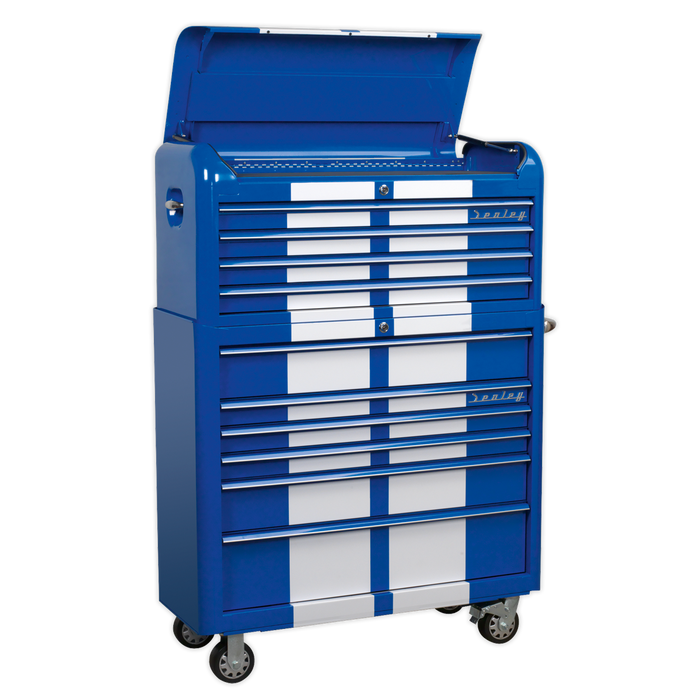 Premier™ Retro Style Wide Topchest & Rollcab Combination 10 Drawer Blue with White Stripes | AP41COMBOBWS