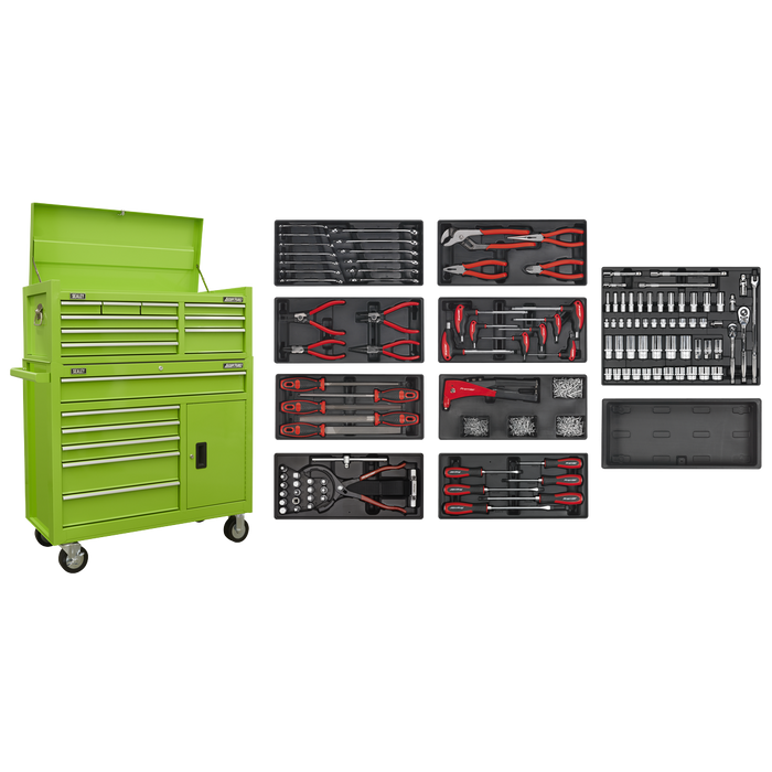 American PRO® Topchest & Rollcab Combination 15 Drawer with 117pc Tool Kit- Green | AP41STACKHVCOMBO