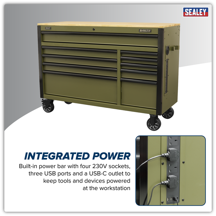 Superline PRO® Mobile Trolley with Wooden Worktop & Power Bar 10 Drawer 1320mm | AP5210KBE