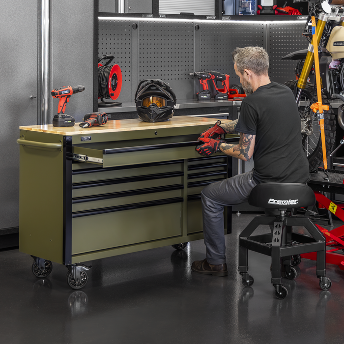 Superline PRO® Mobile Trolley with Wooden Worktop & Power Bar 10 Drawer 1320mm | AP5210KBE