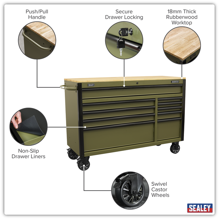 Superline PRO® Mobile Trolley with Wooden Worktop & Power Bar 10 Drawer 1320mm | AP5210KBE