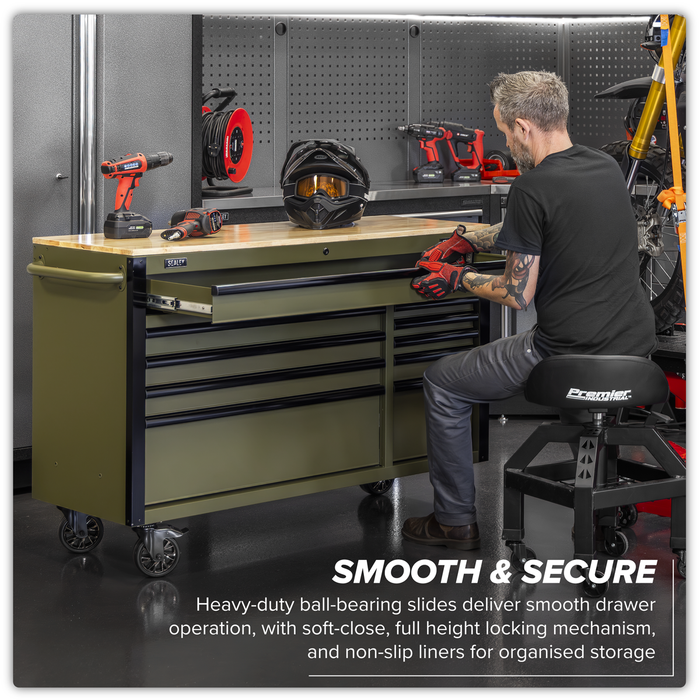Superline PRO® Mobile Trolley with Wooden Worktop & Power Bar 10 Drawer 1320mm | AP5210KBE