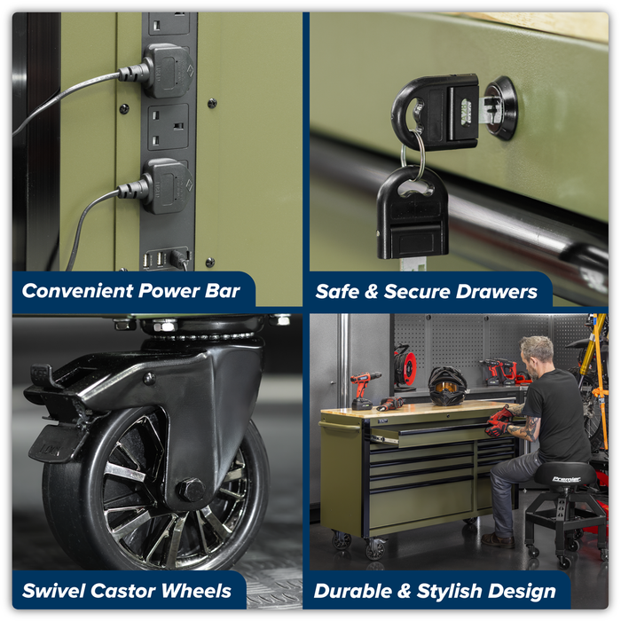 Superline PRO® Mobile Trolley with Wooden Worktop & Power Bar 10 Drawer 1320mm | AP5210KBE