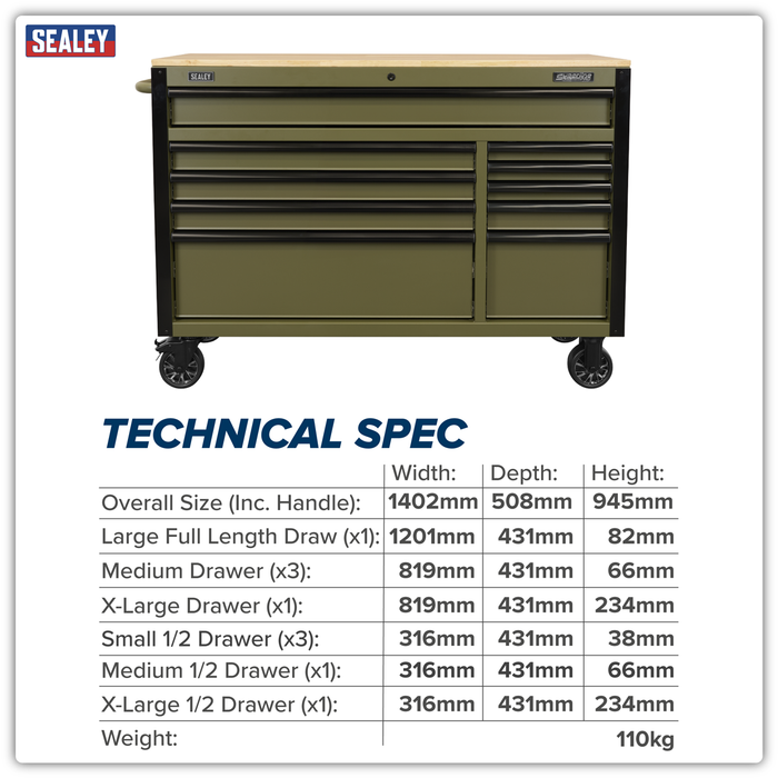 Superline PRO® Mobile Trolley with Wooden Worktop & Power Bar 10 Drawer 1320mm | AP5210KBE