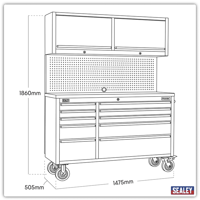 Premier™ Mobile Stainless Steel Tool Cabinet 10 Drawer with Backboard & 2 Wall Cupboards | AP5520SS
