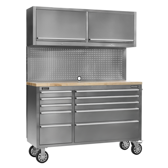 Premier™ Mobile Stainless Steel Tool Cabinet 10 Drawer with Backboard & 2 Wall Cupboards | AP5520SS