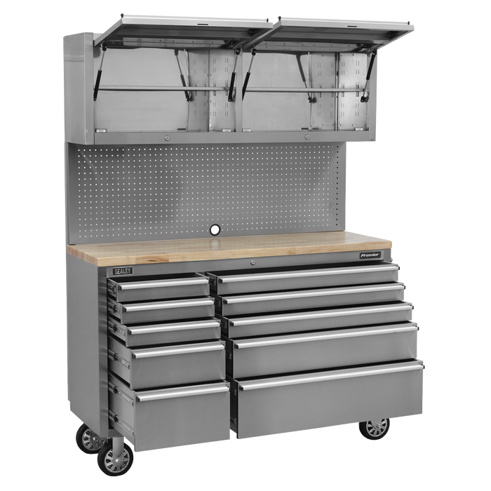 Premier™ Mobile Stainless Steel Tool Cabinet 10 Drawer with Backboard & 2 Wall Cupboards | AP5520SS