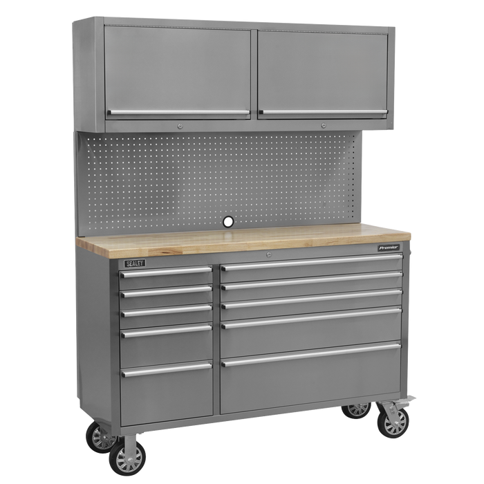 Premier™ Mobile Stainless Steel Tool Cabinet 10 Drawer with Backboard & 2 Wall Cupboards | AP5520SS