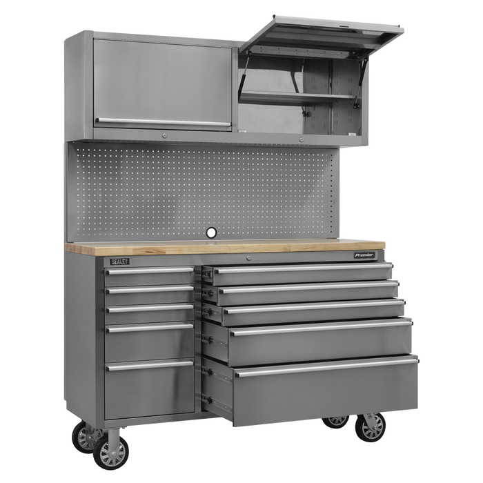 Premier™ Mobile Stainless Steel Tool Cabinet 10 Drawer with Backboard & 2 Wall Cupboards | AP5520SS
