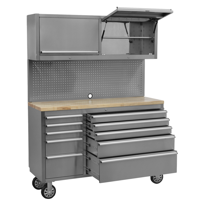 Premier™ Mobile Stainless Steel Tool Cabinet 10 Drawer with Backboard & 2 Wall Cupboards | AP5520SS