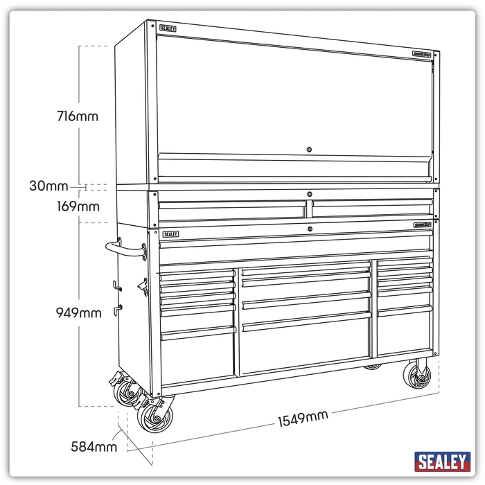 Superline PRO® Black Edition Mobile Trolley with Wooden Worktop, Hutch & 2 Drawer Riser 15 Drawer 1549mm | AP6115BECOMBO1