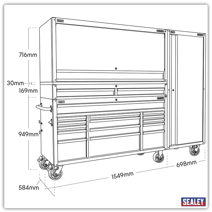 Superline PRO® Black Edition Mobile Trolley with Wooden Worktop, Hutch, 2 Drawer Riser & Side Locker 15 Drawer 1549mm | AP6115BECOMBO2