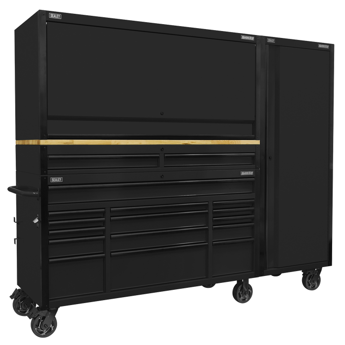 Superline PRO® Black Edition Mobile Trolley with Wooden Worktop 15 Drawer, Hutch, 2 Drawer Riser & Side Locker 1549mm | AP6215BECOMBO2