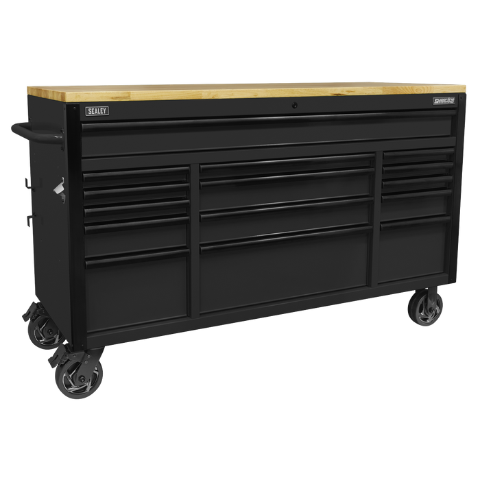 Superline PRO® Black Edition Mobile Trolley with Wooden Worktop 15 Drawer 1549mm | AP6215BE