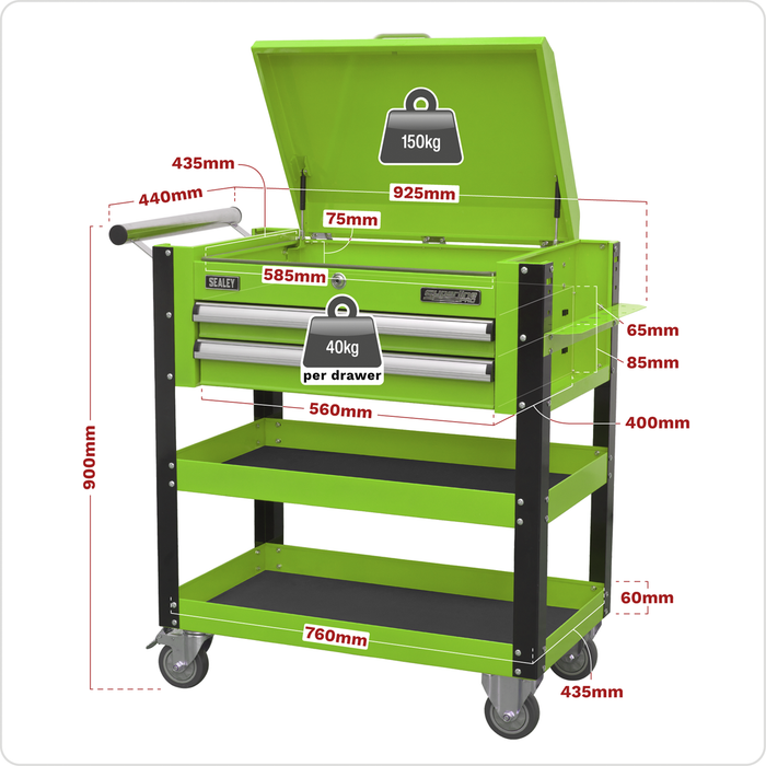 Superline PRO® Heavy-Duty Mobile Tool & Parts Trolley with Lockable Top & 2 Drawers - Green | AP760MHV