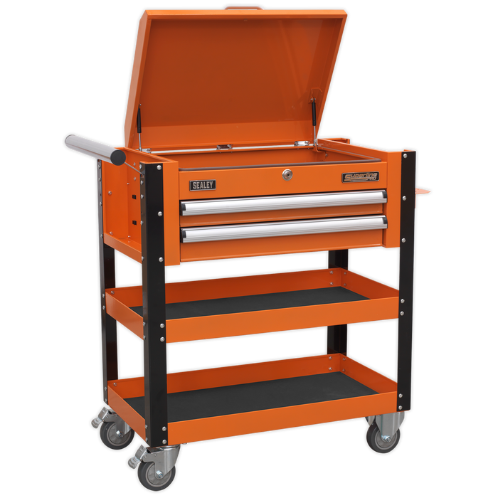 Superline PRO® Heavy-Duty Mobile Tool & Parts Trolley with Lockable Top & 2 Drawers - Orange | AP760MO