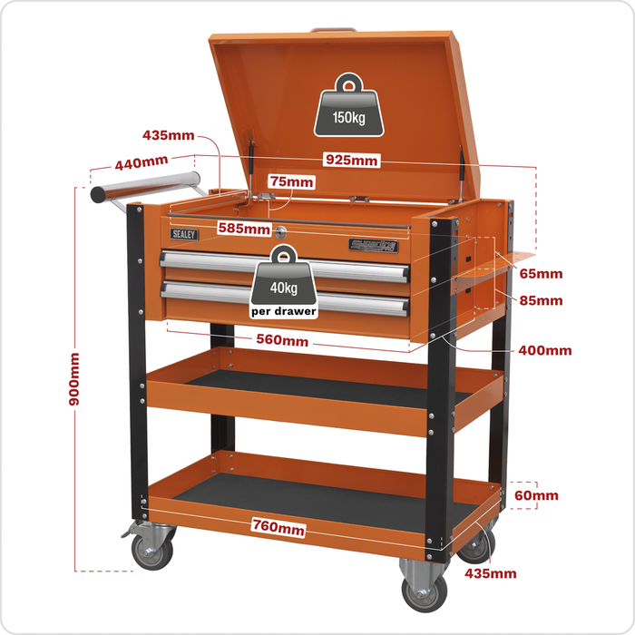 Superline PRO® Heavy-Duty Mobile Tool & Parts Trolley with Lockable Top & 2 Drawers - Orange | AP760MO