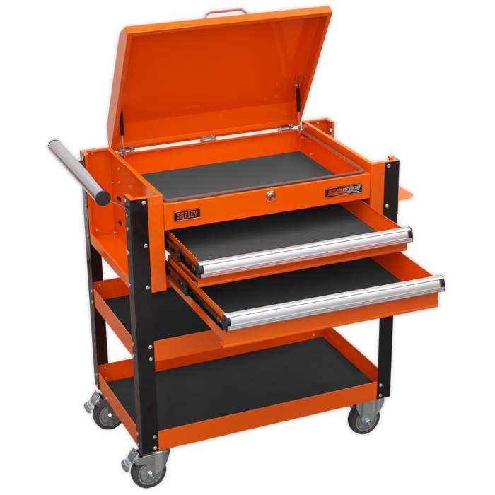 Superline PRO® Heavy-Duty Mobile Tool & Parts Trolley with Lockable Top & 2 Drawers - Orange | AP760MO