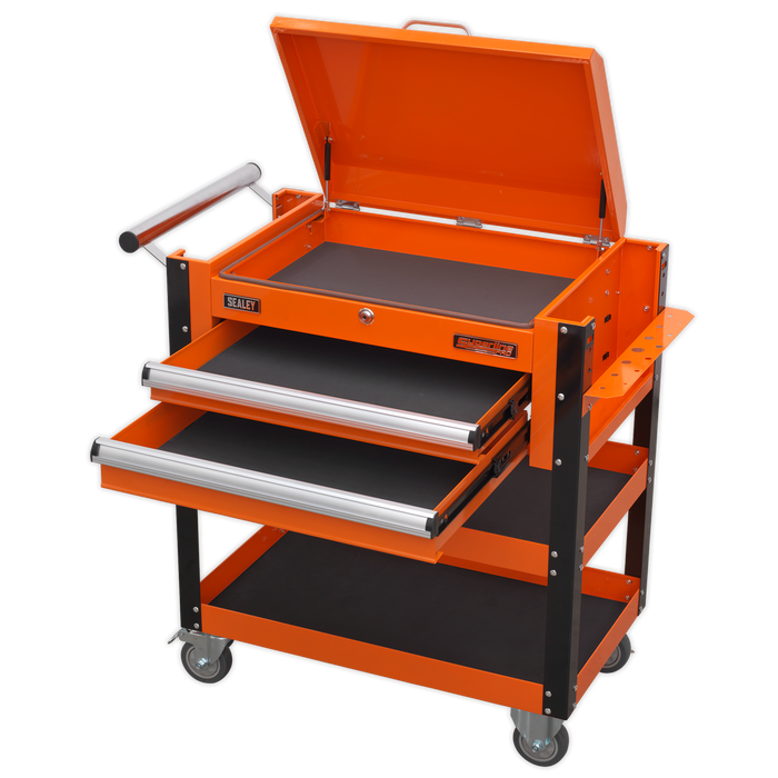 Superline PRO® Heavy-Duty Mobile Tool & Parts Trolley with Lockable Top & 2 Drawers - Orange | AP760MO