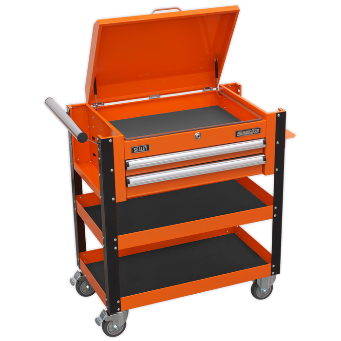 Superline PRO® Heavy-Duty Mobile Tool & Parts Trolley with Lockable Top & 2 Drawers - Orange | AP760MO