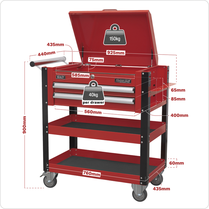 Superline PRO® Heavy-Duty Mobile Tool & Parts Trolley with Lockable Top & 2 Drawers - Red | AP760M