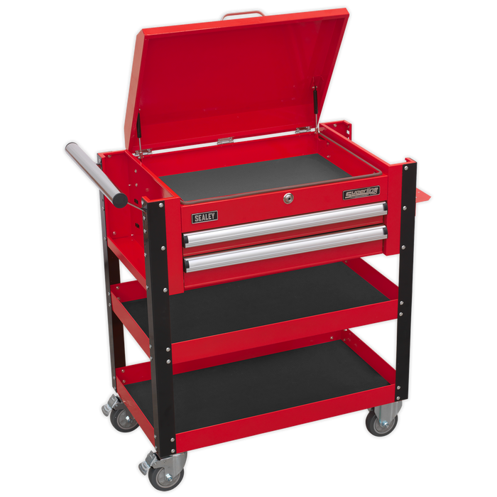Superline PRO® Heavy-Duty Mobile Tool & Parts Trolley with Lockable Top & 2 Drawers - Red | AP760M