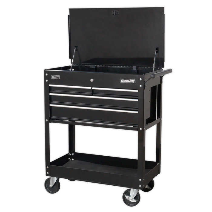 Heavy-Duty Mobile Tool & Parts Trolley with 4 Drawers & Lockable Top - Black | AP850MB