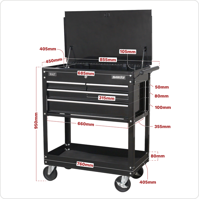 Heavy-Duty Mobile Tool & Parts Trolley with 4 Drawers & Lockable Top - Black | AP850MB