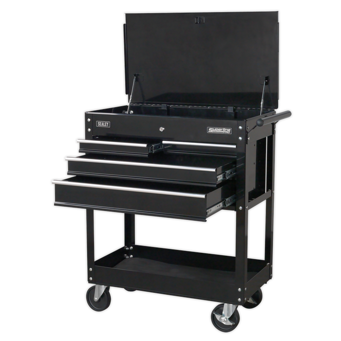 Heavy-Duty Mobile Tool & Parts Trolley with 4 Drawers & Lockable Top - Black | AP850MB