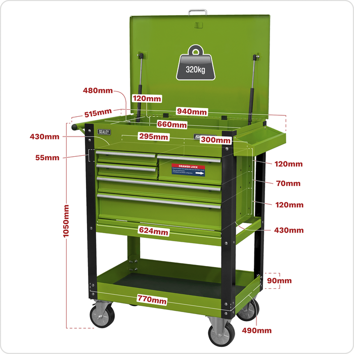 Superline PRO® Heavy-Duty Mobile Tool & Parts Trolley with 5 Drawers and Lockable Top - Hi-Vis Green | AP890MHV