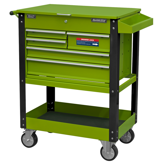 Superline PRO® Heavy-Duty Mobile Tool & Parts Trolley with 5 Drawers and Lockable Top - Hi-Vis Green | AP890MHV