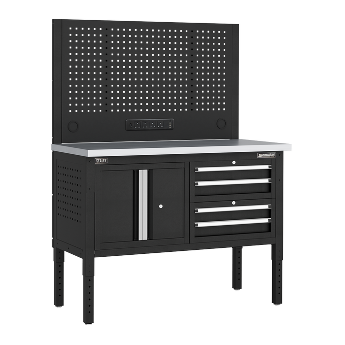 Superline PRO® Modular Workbench with 4 Drawers & Cupboard Stainless Steel Worktop 1265mm | APMWB50COMBO1SS