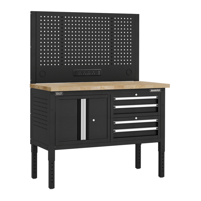 Superline PRO® Modular Workbench with 4 Drawers & Cupboard Wooden Worktop 1265mm | APMWB50COMBO1W