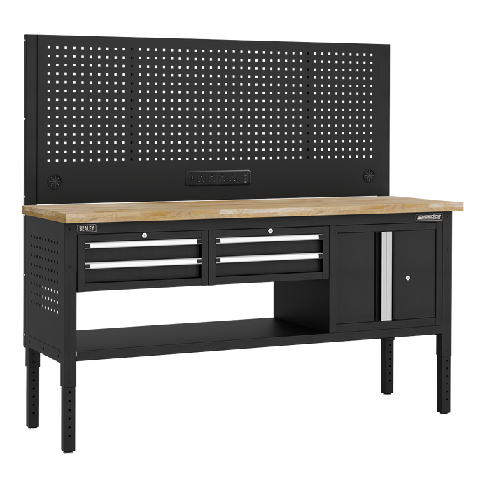 Superline PRO® Modular Workbench with 4 Drawers & Cupboard Wooden Worktop 1830mm | APMWB72COMBO1W