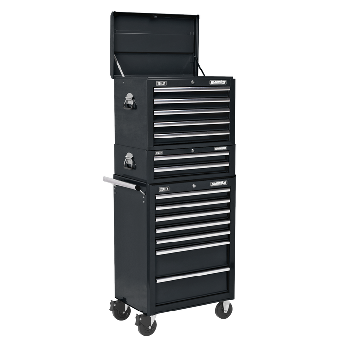 Superline PRO® Topchest, Mid-Box Tool Chest & Rollcab Combination 14 Drawer - Black | APSTACKTB