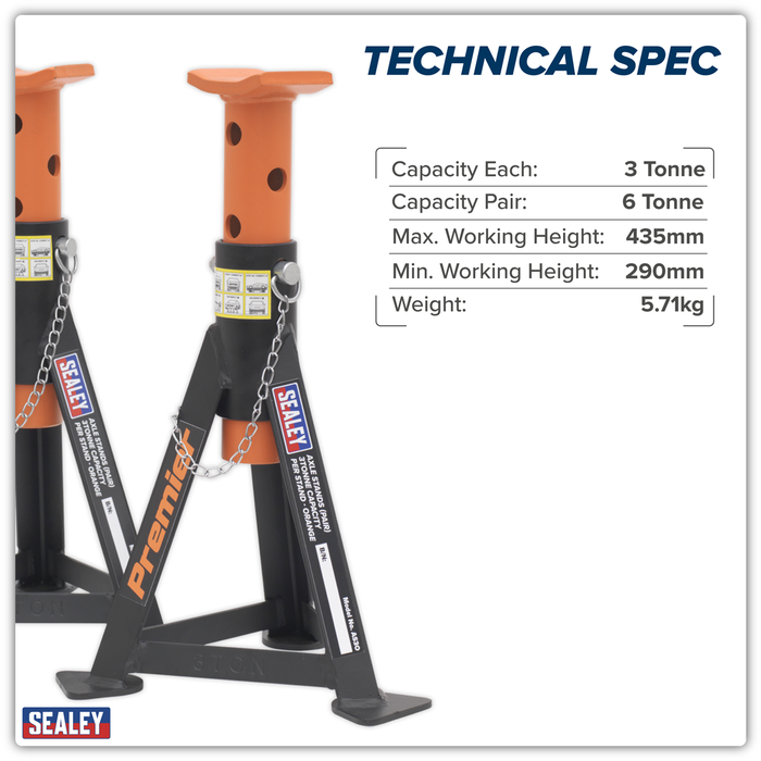 Premier Axle Stands (Pair) 3 Tonne Capacity per Stand - Orange | AS3O
